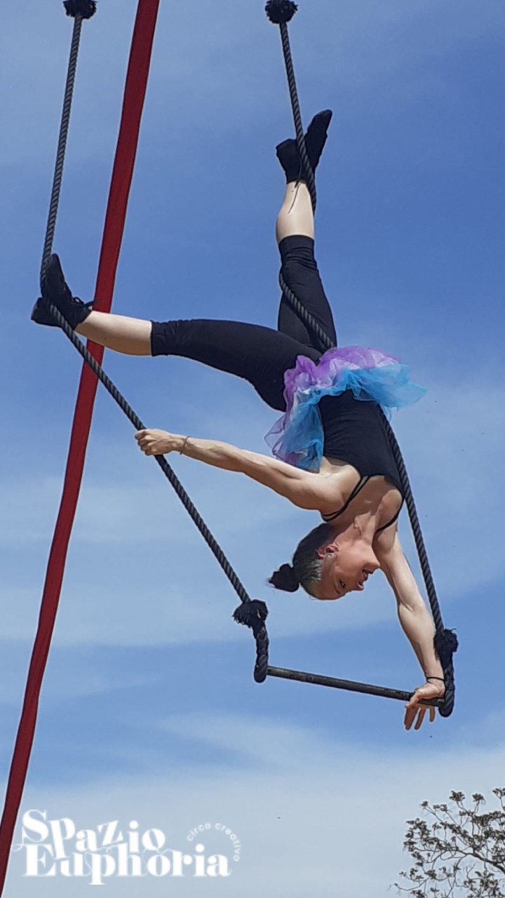 Insegnante di acrobatica aerea effettua uno spettacolare esercizio al trapezio durante una lezione entusiasmante. Esperienza e maestria nell'arte dell'acrobatica aerea in un momento catturato nell'immagine.